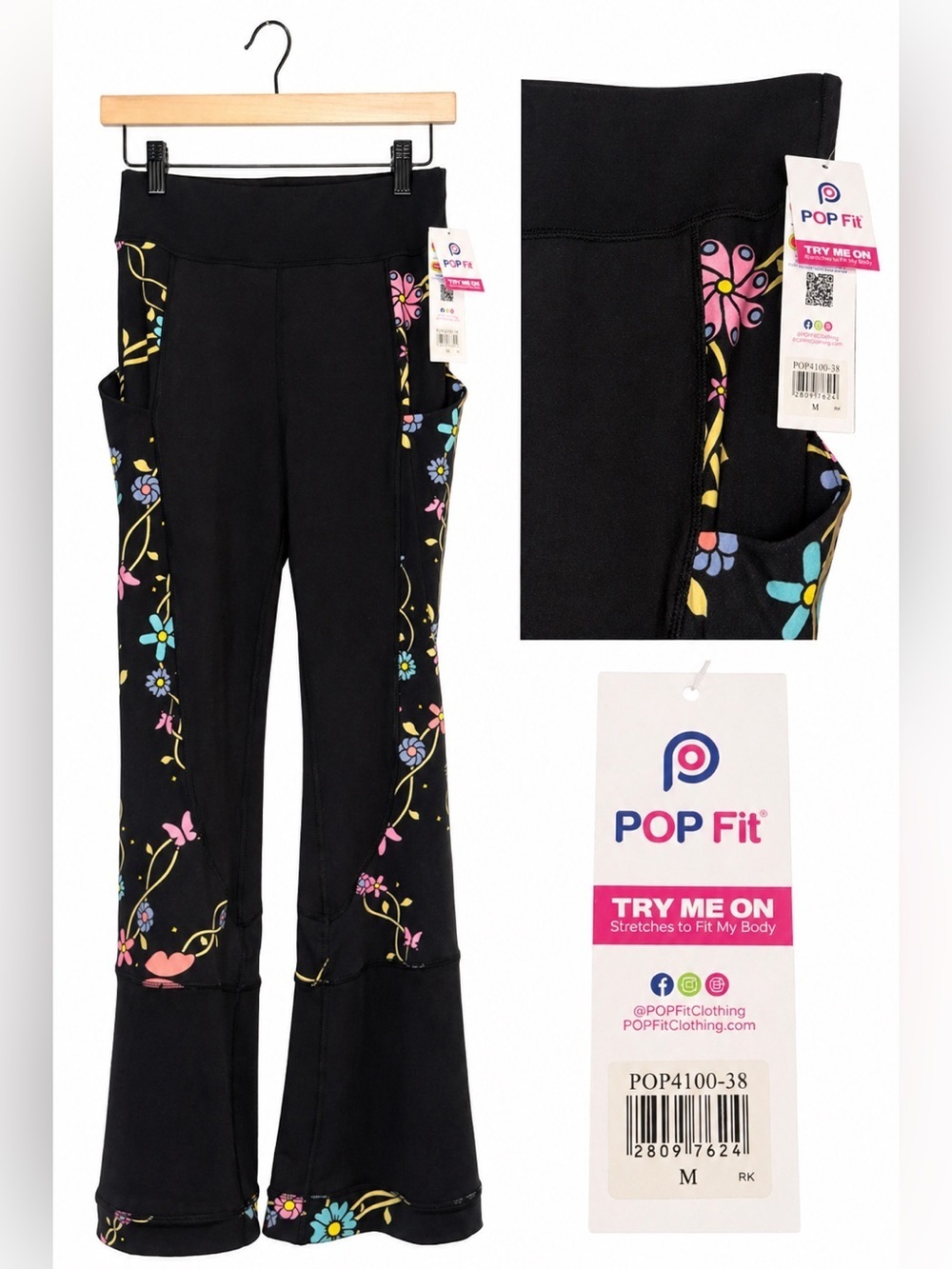 POP Fit Floral Panel Flare Leggings Size M High Waisted Yoga Pants NWT